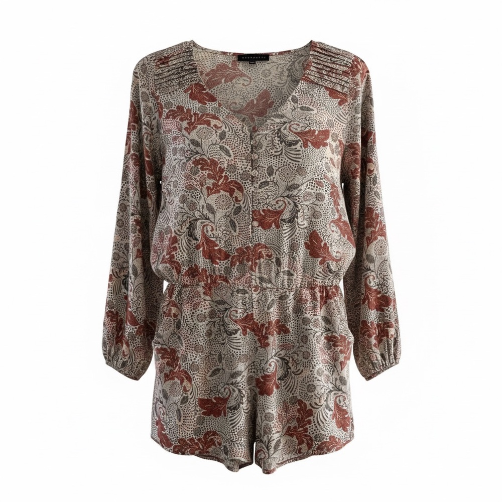 Sanctuary Womens Long-Sleeve Floral Print Romper Size L 100% Rayon Beige & Red